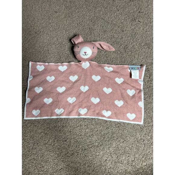 Pink w/White Hearts Knit Bunny Rabbit Rattle Lovey Security Blanket NYGB 15"x7" - Picture 2 of 5